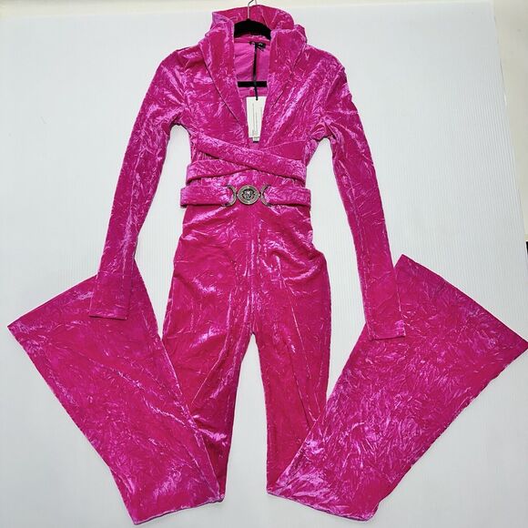 NWT Versace Jumpsuit 38 US 2 Biggie Medusa Pink Crushed Velvet Flare Leg $3,225 - Picture 6 of 15